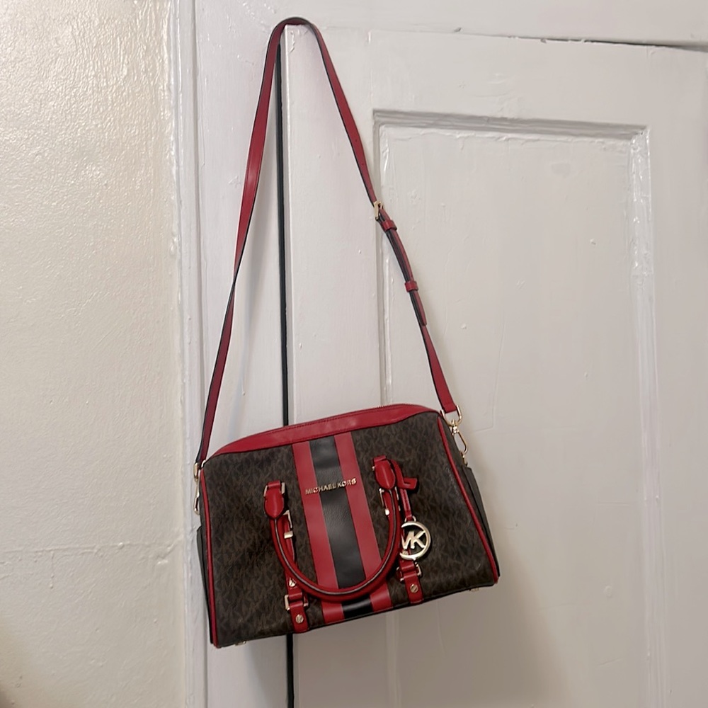 Michael Kors red race stripe bag; long removal strap included with dust bag